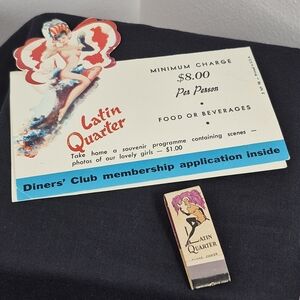 Vtg Latin Quarter Table Tent Diner's Club Advertising & Latin Qtr Slim Matchbook